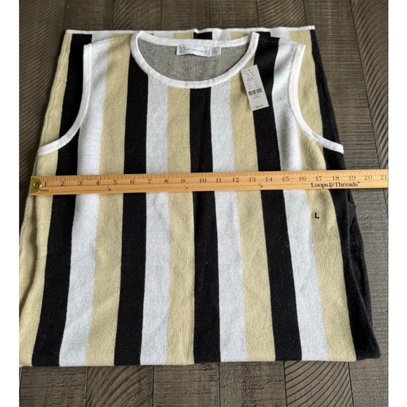 New York & Company NWT Striped Knit Sheath Dress Large Black Tan White Bodycon - Picture 6 of 8
